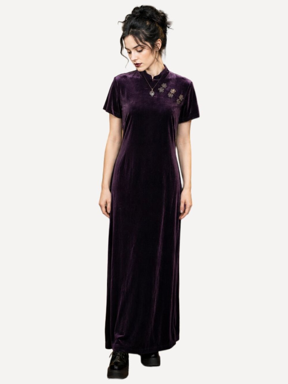 Vintage Y2k Velvet Maxi Dress WHimsy Goth Cuberpunk Purple Cheongsam Quipao